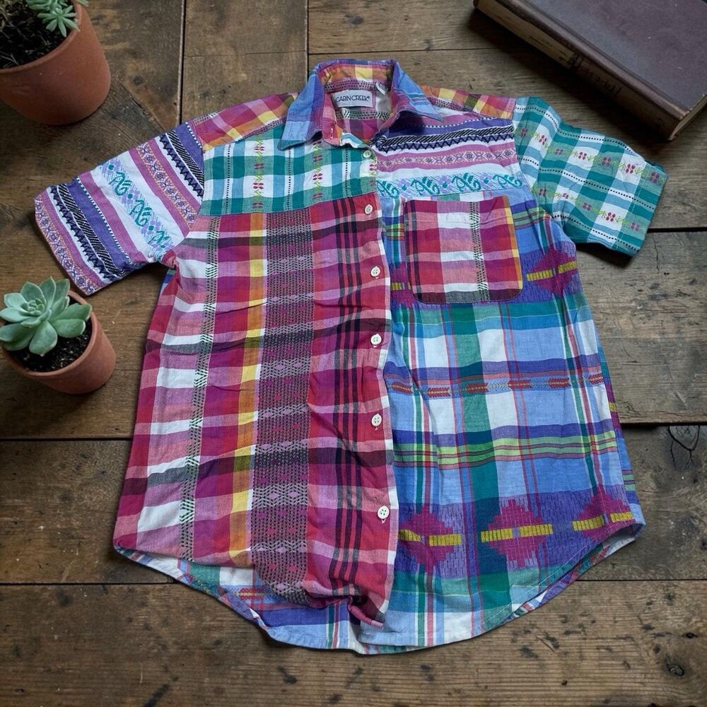 Cabin Creek Button Up Shirt Womens MED Pink Patchwork Floral Short Sleeve